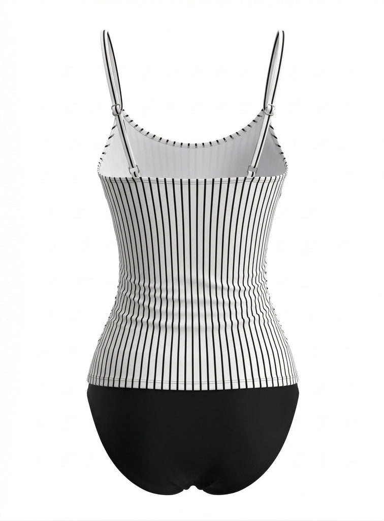 Schwarzes 50er Tankini-Set mit Spaghettiträger und Streifen