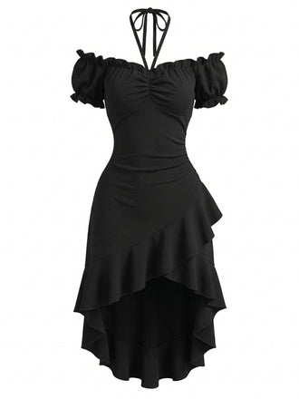Schwarzes 60er schulterfreies Kleid mit Puffärmel und Rüschen