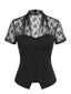 Schwarze 60er Bluse mit V-Ausschnitt und Spitzen-Patchwork