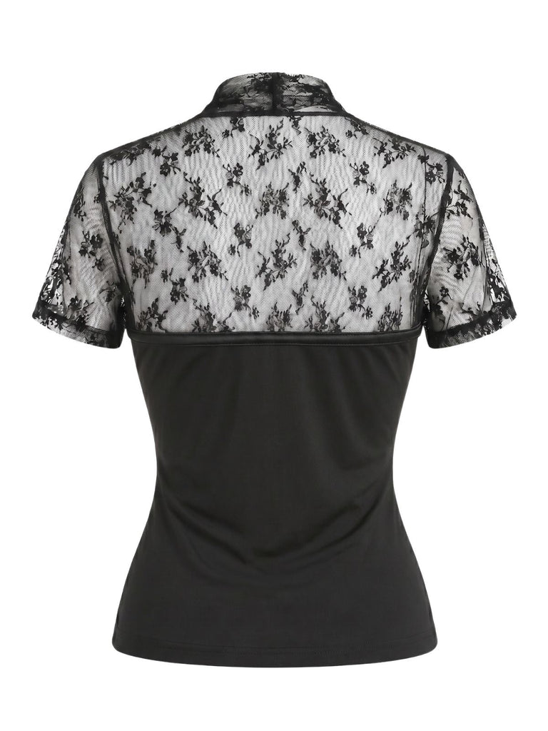 Schwarze 60er Bluse mit V-Ausschnitt und Patchwork