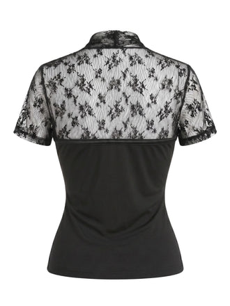 Schwarze 60er Bluse mit V-Ausschnitt und Patchwork