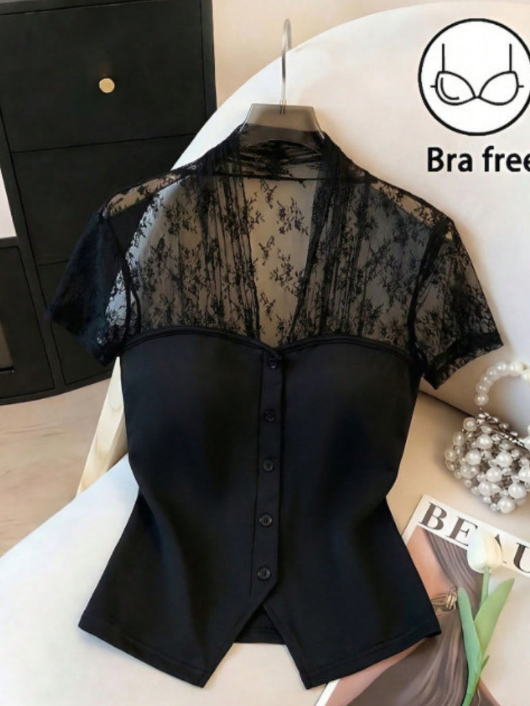 Schwarze 60er Bluse mit V-Ausschnitt und Patchwork