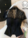 Schwarze 60er Bluse mit V-Ausschnitt und Patchwork