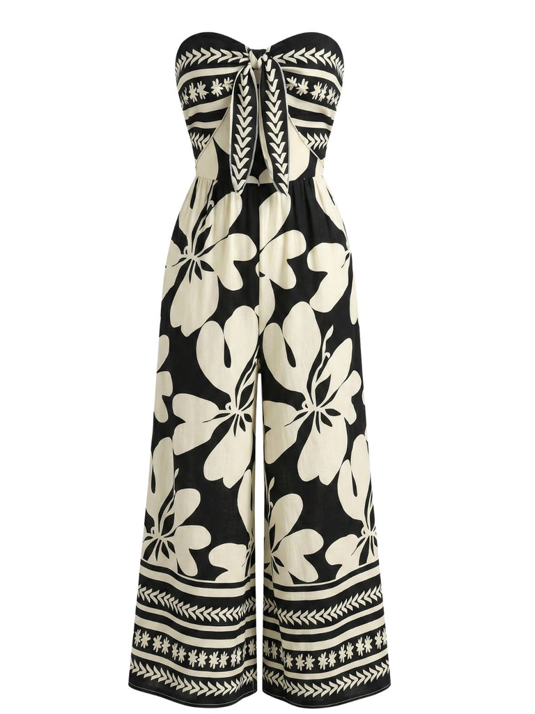 Schwarzer 70er Trägerloser Jumpsuit mit Blumen und Vorderbindung