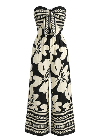 Schwarzer 70er Trägerloser Jumpsuit mit Blumen und Vorderbindung