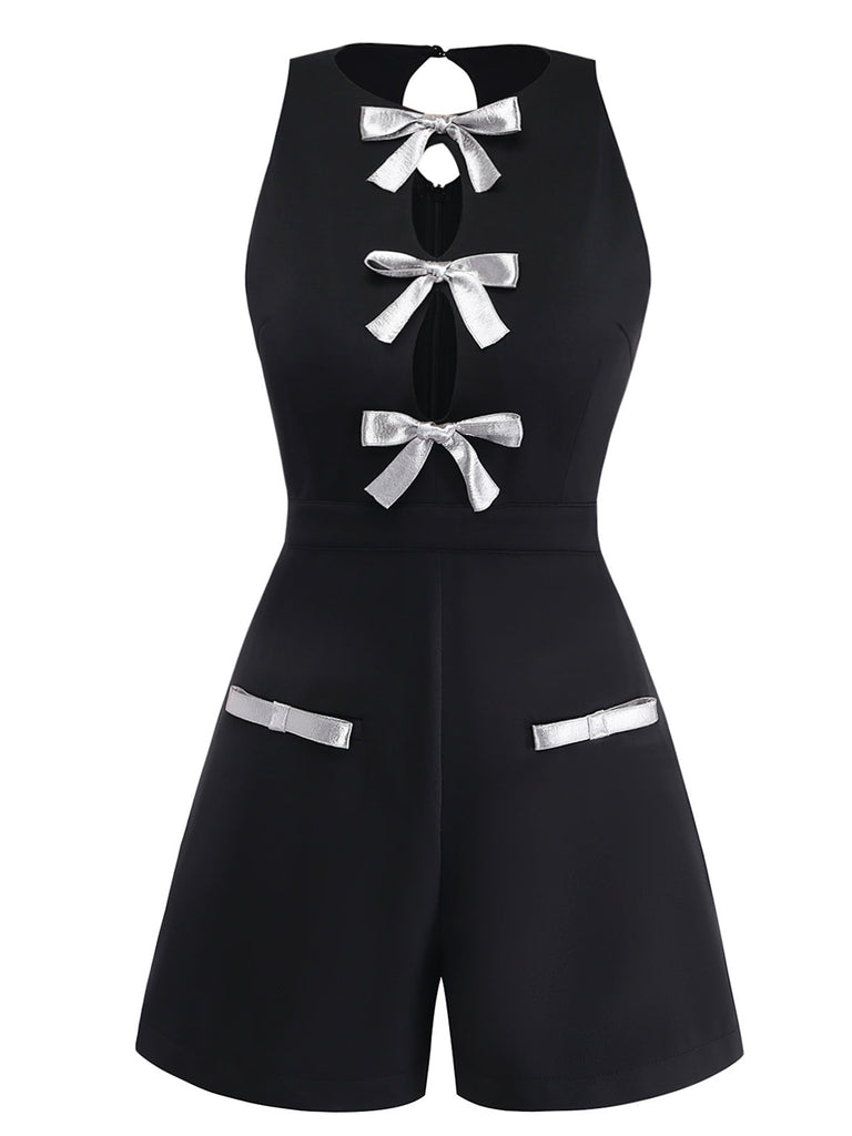 Schwarzer 80er Ärmelloses Romper mit Neckholder und Schleife
