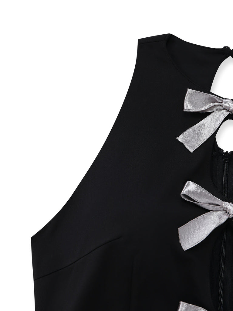 Schwarzer 80er Ärmelloses Romper mit Neckholder und Schleife