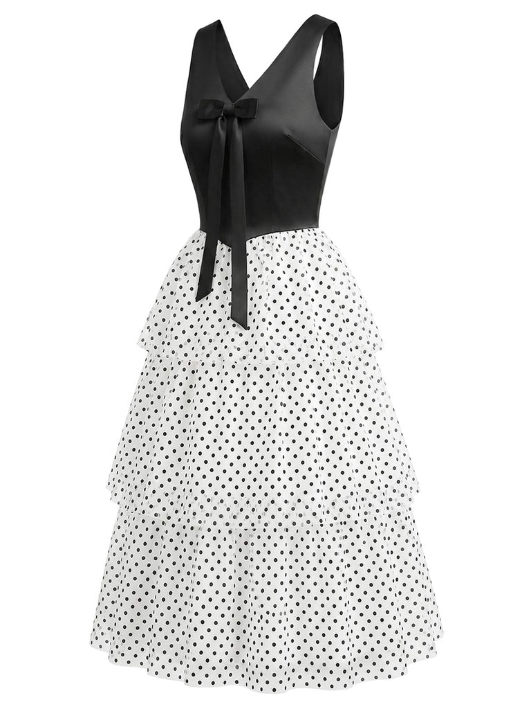 Schwarzes & Weißes 40er Chiffon-Kleid mit Polka-Dots und Rüschen