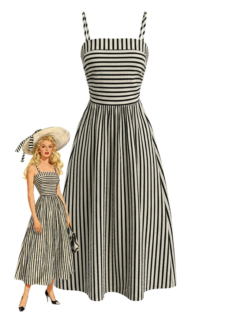 Schwarz & Creme 1950er Spaghetti Gurt Streifen Kleid