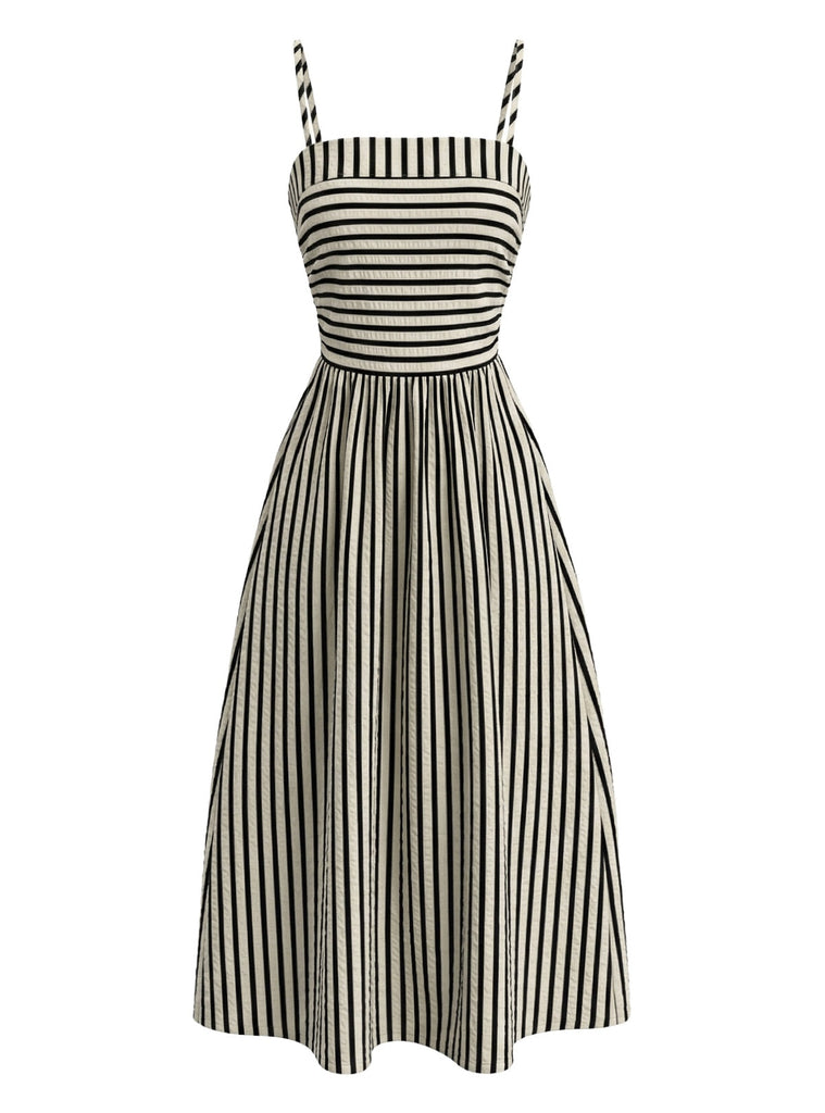 Schwarz & Creme 1950er Spaghetti Gurt Streifen Kleid
