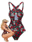 Schwarz 1950er Skelett Rose Halter Einteiliger Badeanzug