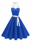 Blaues 1950er Polka Dot Halter Gürtel Swing Kleid