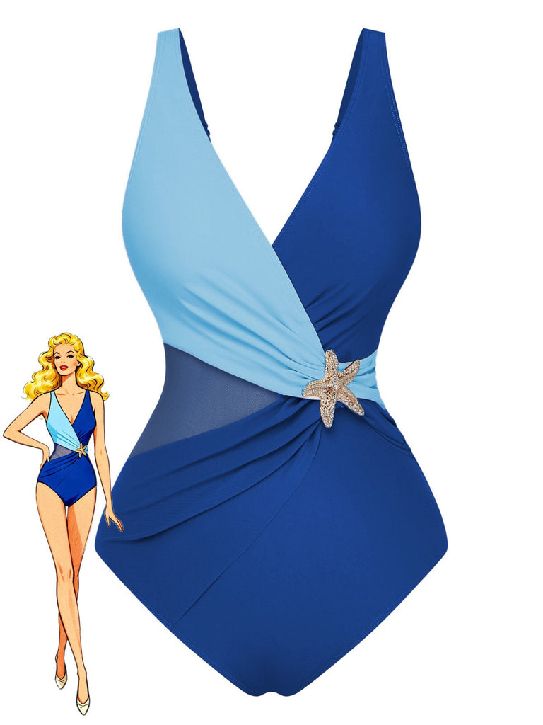 Eleganter, von den 1950er Jahren inspirierter Badeanzug mit Seesternmuster, schmeichelhaftem V-Ausschnitt und figurformendem Design – perfekt für Strandurlaub und Pool