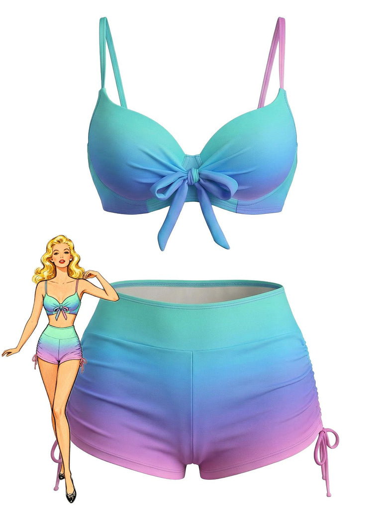 Blau-1960er Farbverlauf Schnürung Badeshorts Bikini Set
