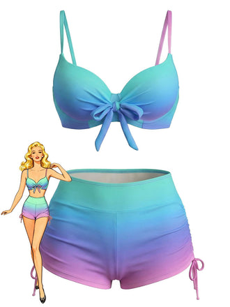 Blau-1960er Farbverlauf Schnürung Badeshorts Bikini Set