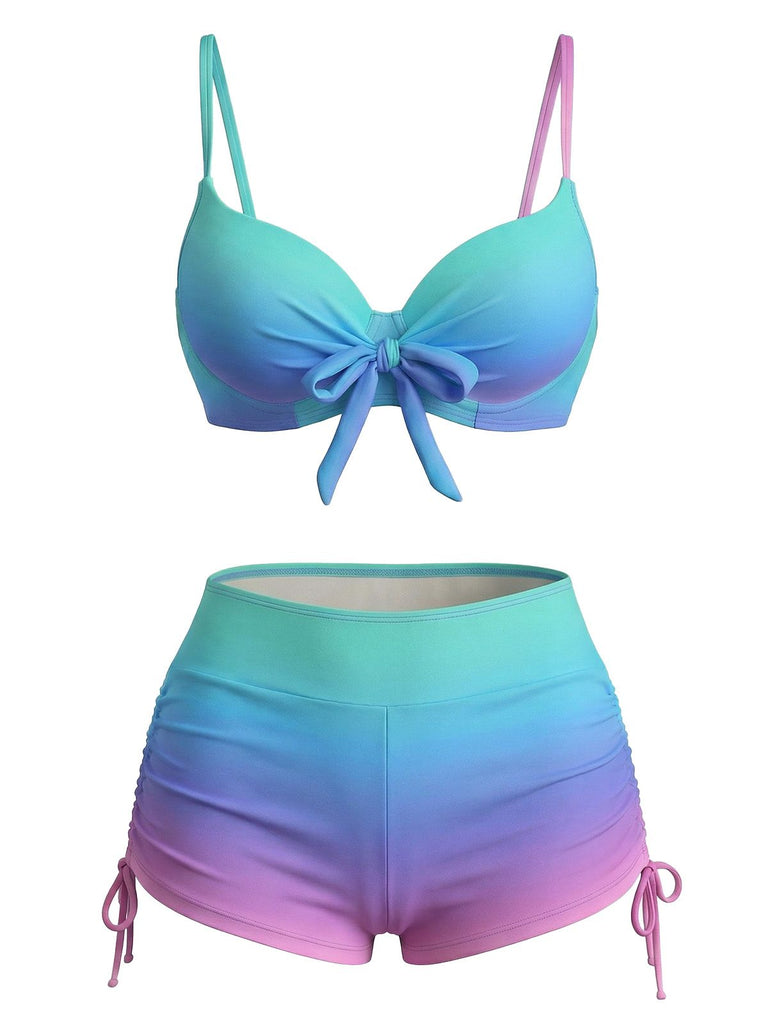 Blau-1960er Farbverlauf Schnürung Badeshorts Bikini Set