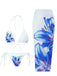 Blau 3PCS 1950er Netz Lilien Muster Bikini Set & Cover-Up