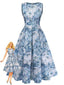 Blau 1950er All-Over Ölmalerei Blumen Ärmelloses Kleid