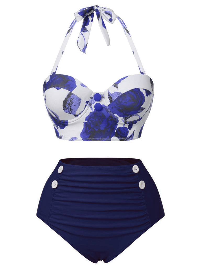 Blau 1960er Halter Roses Bikini Set