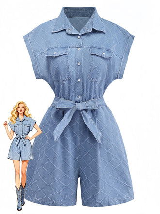 Blau 1980er Denim Durchgeknöpft Utility Romper-model