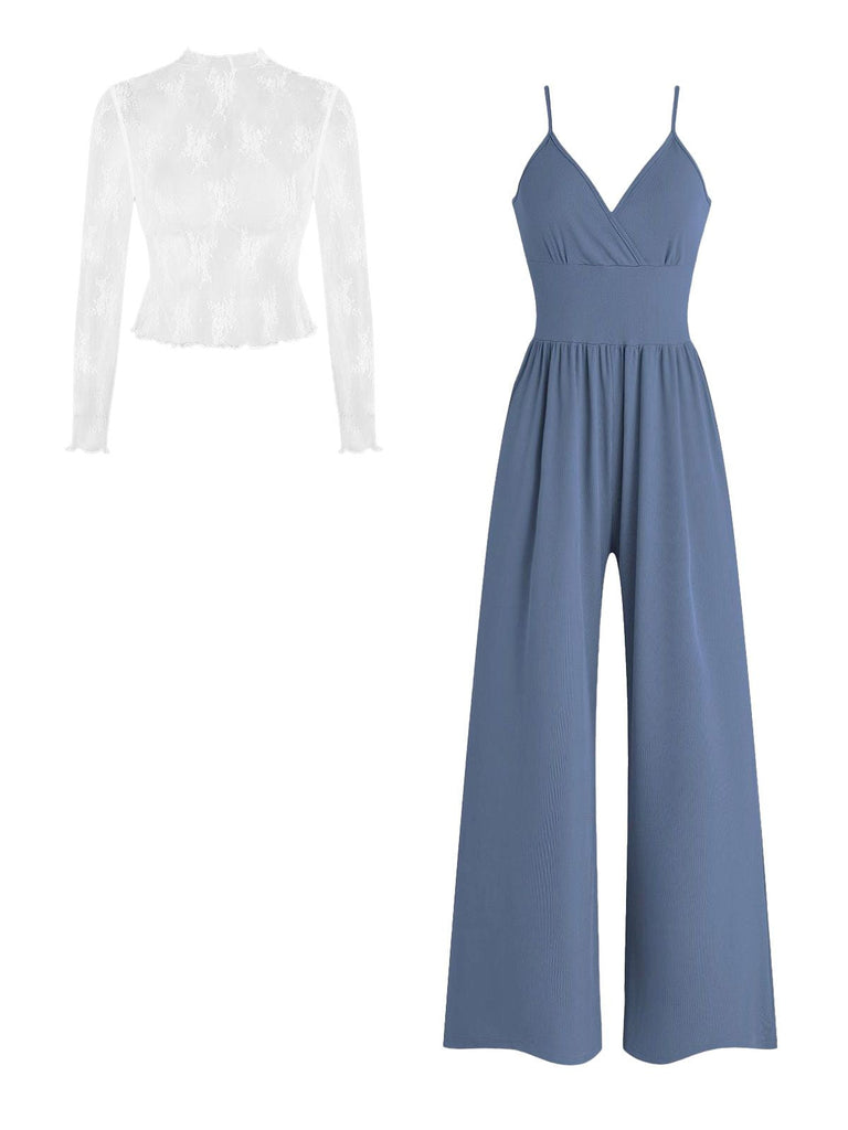 Elegantes, marineblaues Jumpsuit-Outfit aus Spitzentop und Trägertop für halbformelle Anlässe.