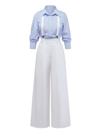 [Vorverkauf] Blau 1930er Streifen 2-Teiler-Optik Abnehmbar Träger Jumpsuit