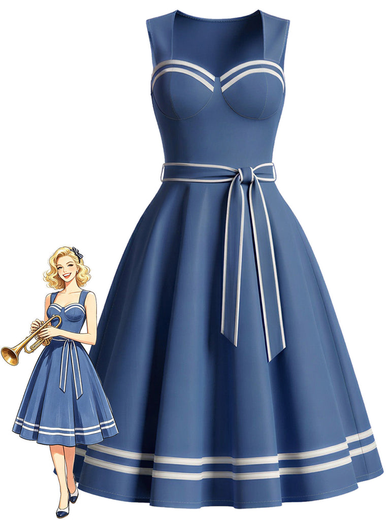 Blaues 40er Sailor-Kleid mit Kontrastbesatz und Taschen