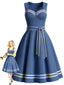 [Vorverkauf] Blaues 40er Sailor-Kleid mit Kontrastborten und Bindegürtel
