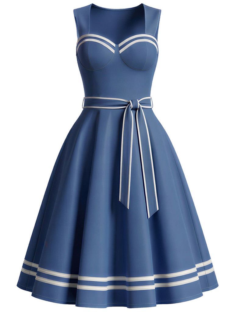 Blaues 40er Sailor-Kleid mit Kontrastbesatz und Taschen