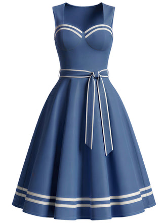 Blaues 40er Sailor-Kleid mit Kontrastbesatz und Taschen