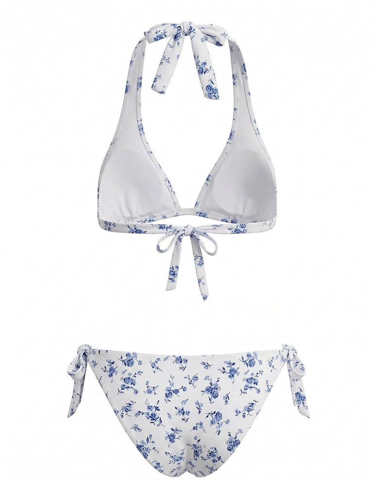 Blaues 40er Bikini-Set mit Ditsy-Blumen und Neckholder