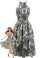 Blaues 40er Kleid mit Neckholder und Blumen