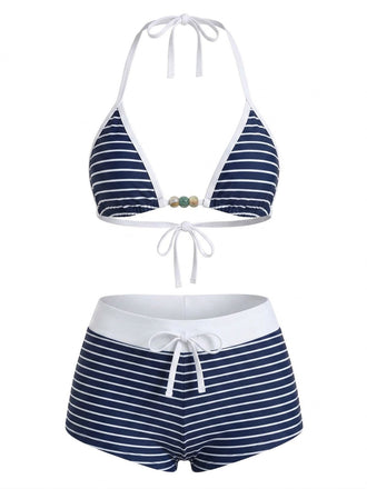 Blaues 40er Maritim Bikini-Set mit Neckholder und Streifen
