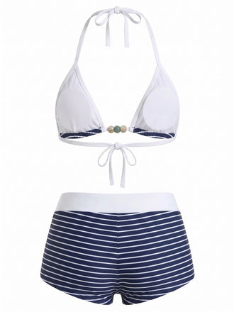 Blaues 40er Maritim Bikini-Set mit Neckholder und Streifen