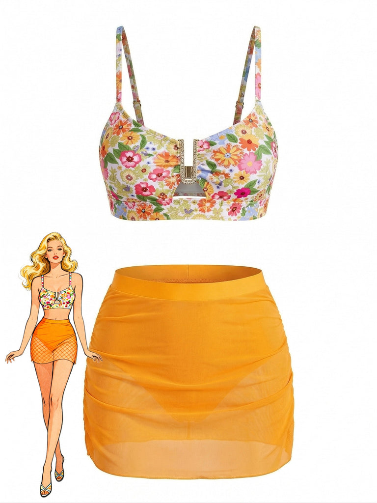 60er Tankini-Set mit Blumen und Hohe Taille