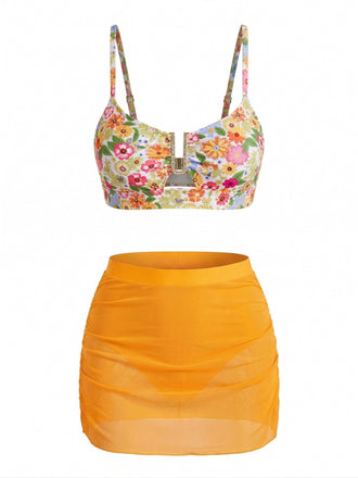 60er Tankini-Set mit Blumen und Hohe Taille