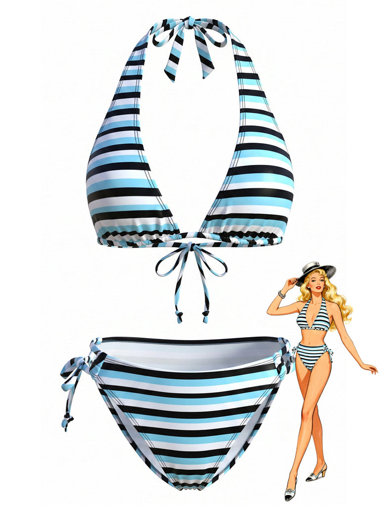 Blaues 40er Tankini-Set mit Neckholder und Bindeband