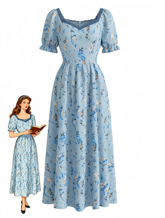 Blaues 40er Kleid mit Ditsy-Blumen und V-Ausschnitt