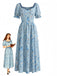 Blaues 40er Kleid mit Ditsy-Blumen und V-Ausschnitt