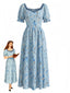 Blaues 40er Kleid mit Ditsy-Blumen und V-Ausschnitt