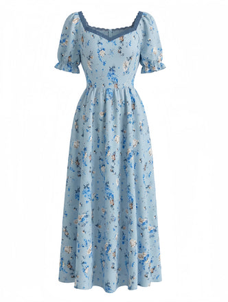 Blaues 40er Kleid mit Ditsy-Blumen und V-Ausschnitt