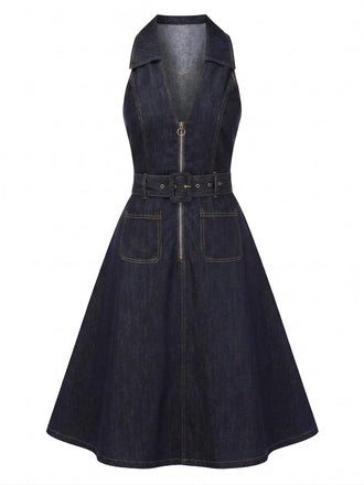 70er Jeans-Kleid mit Tiefer V-Ausschnitt und Reverskragen