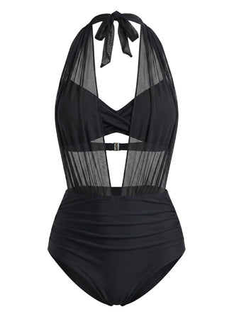 50er Netz-Bikini-Set mit Neckholder und Raffung