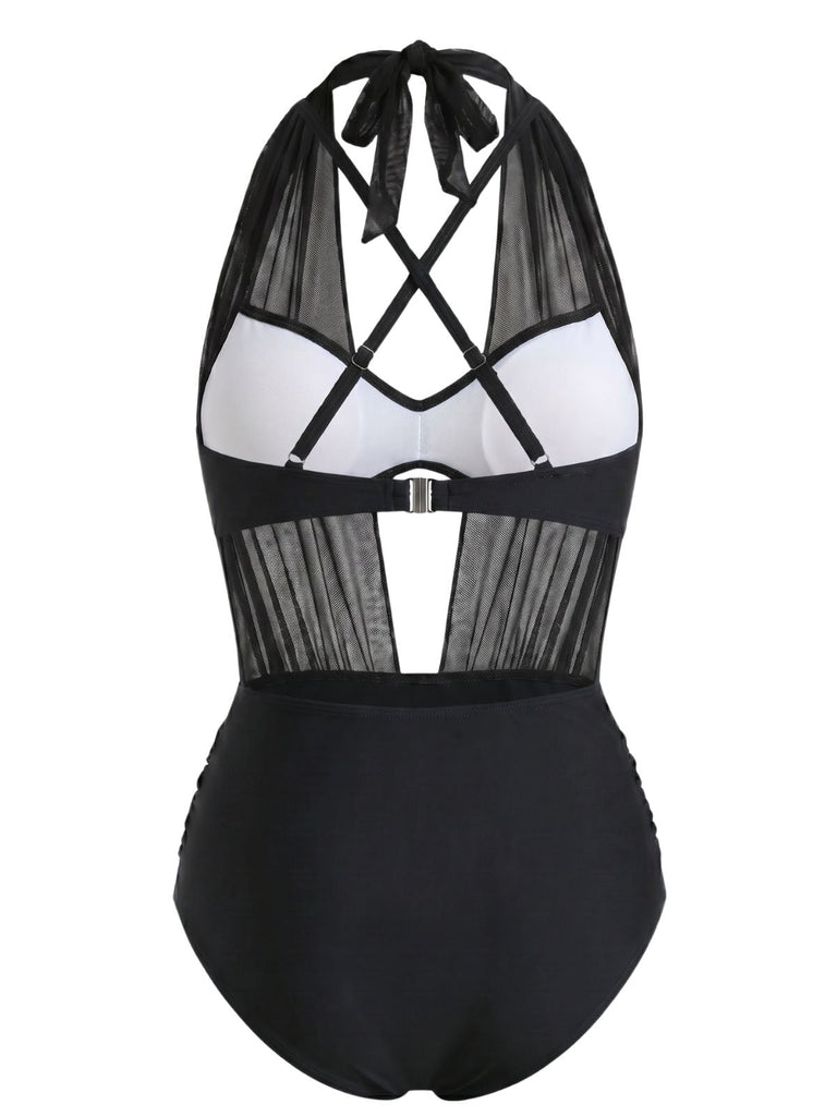 50er Netz-Bikini-Set mit Neckholder und Raffung