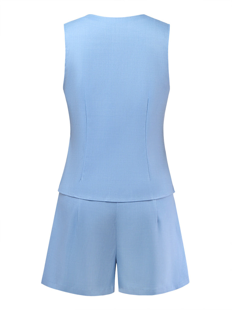 Blaue 50er Ärmelloses Shorts mit V-Ausschnitt und Schleife