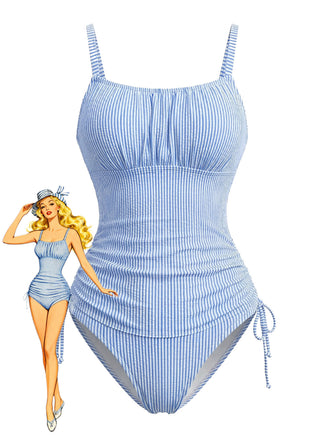 Blaues Tankini-Set mit Nadelstreifen und Raffungen im Stil der 1950er Jahre – Vintage-Mode, Retro-Stil
