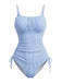 Blaues Tankini-Set mit Nadelstreifen und Raffungen im Stil der 1950er Jahre – Vintage-Mode, Retro-Stil