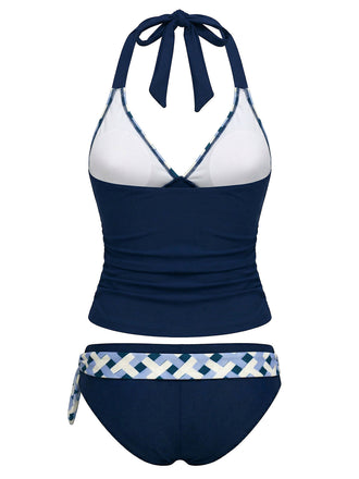 Blaues, kariertes Tankini-Set mit Raffungen im Stil der 1950er Jahre – Vintage-Mode, Retro-Stil