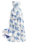30er langes Kleid mit Blumen-Print, Fischgrät und Stufenrock in Blau