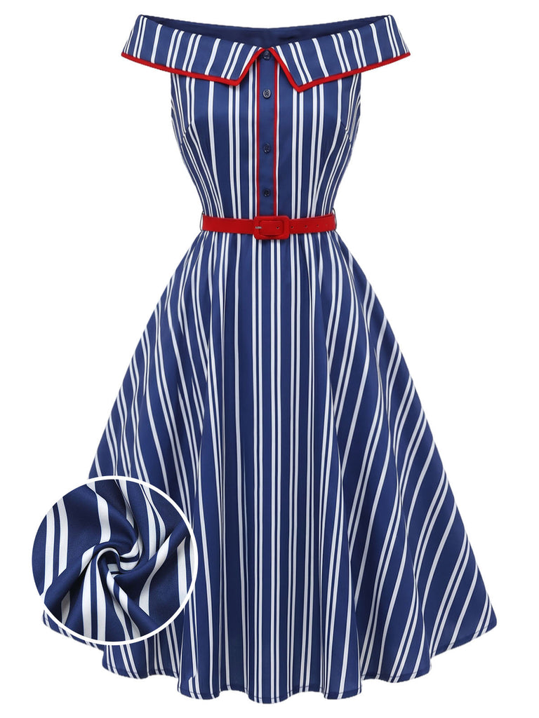 Blaues 50er schulterfreies Swingkleid mit Streifen